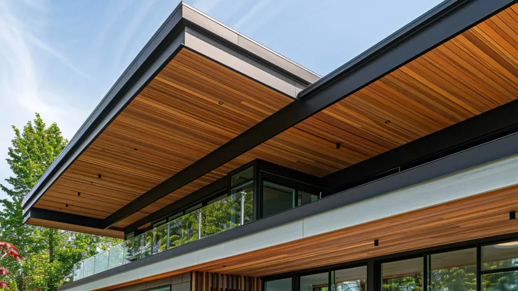 example of deep roof overhangs of a modern home in bali